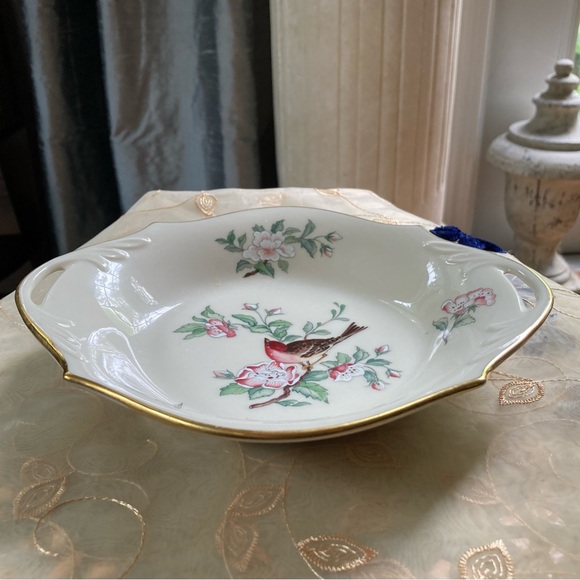 Lenox "Serenade" Open Candy Dish - flowers & bird with handles and Gold Trim - Picture 3 of 6